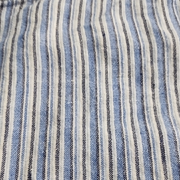 Casual Lagenlook Denim Blue Striped Linen Cropped Pants with Button Accents - Picture 11 of 11